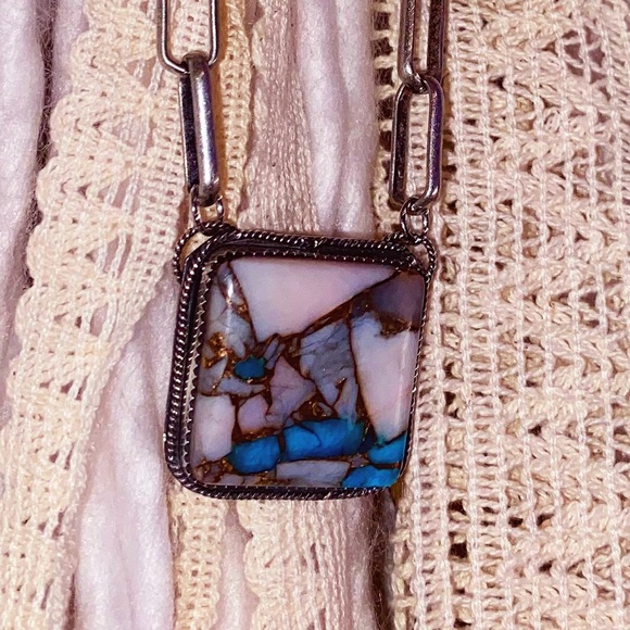 Turquoise & Sterling Silver Paper Clip Necklace - Picture 3 of 4